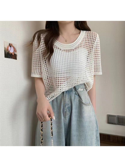 Crosa - Round Neck Hollow Out Knit Pullover Top