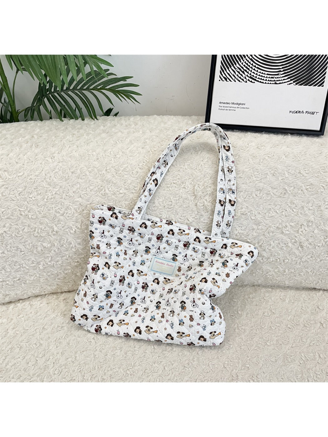 Cosbai - Floral Quilted Tote Bag with Cartoon Pattern