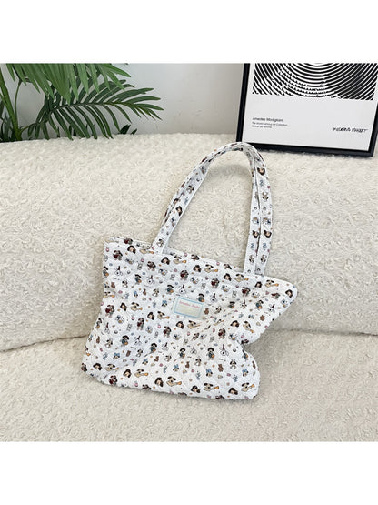 Cosbai - Floral Quilted Tote Bag with Cartoon Pattern
