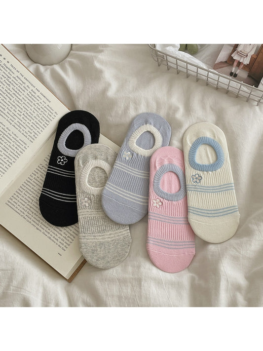 Rufia - Striped Flower Embroidery Low Ankle Socks
