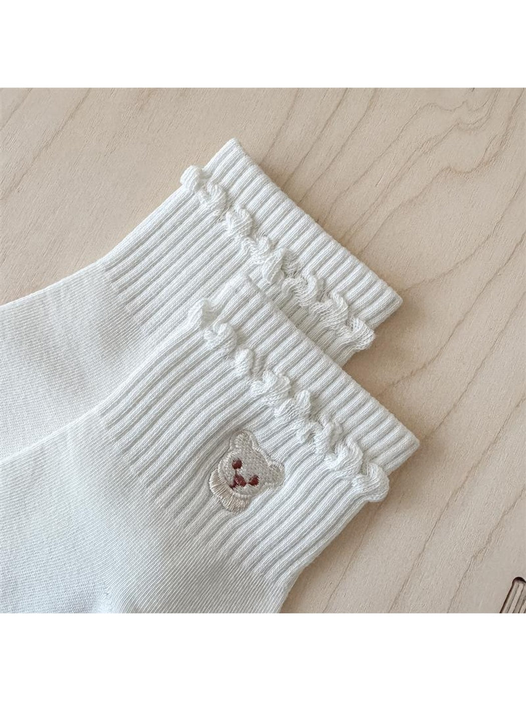 Rufia - Bear Embroidery Ribbed Ankle Socks