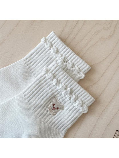 Rufia - Bear Embroidery Ribbed Ankle Socks