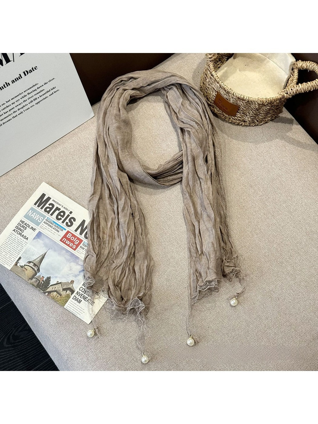 Scarvii - Elegant Solid Color Pleated Beaded Scarf