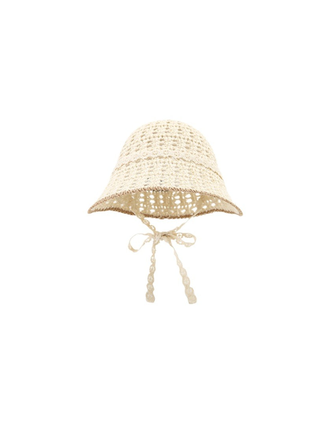 Side view of Haila knit bucket hat featuring lace trim and tie straps