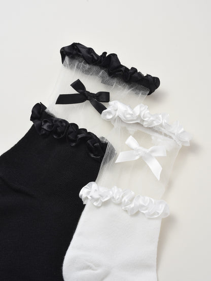Rufia - Solid Color Lace Trim Bow Socks