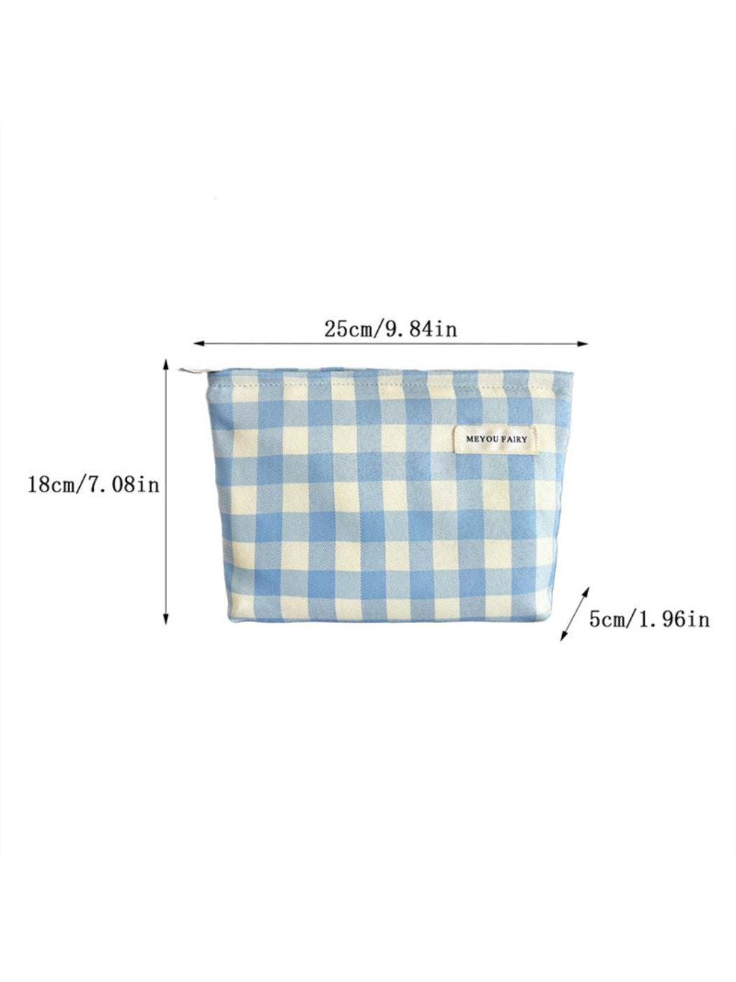 Cosbai pastel check makeup pouch photographed from a side angle