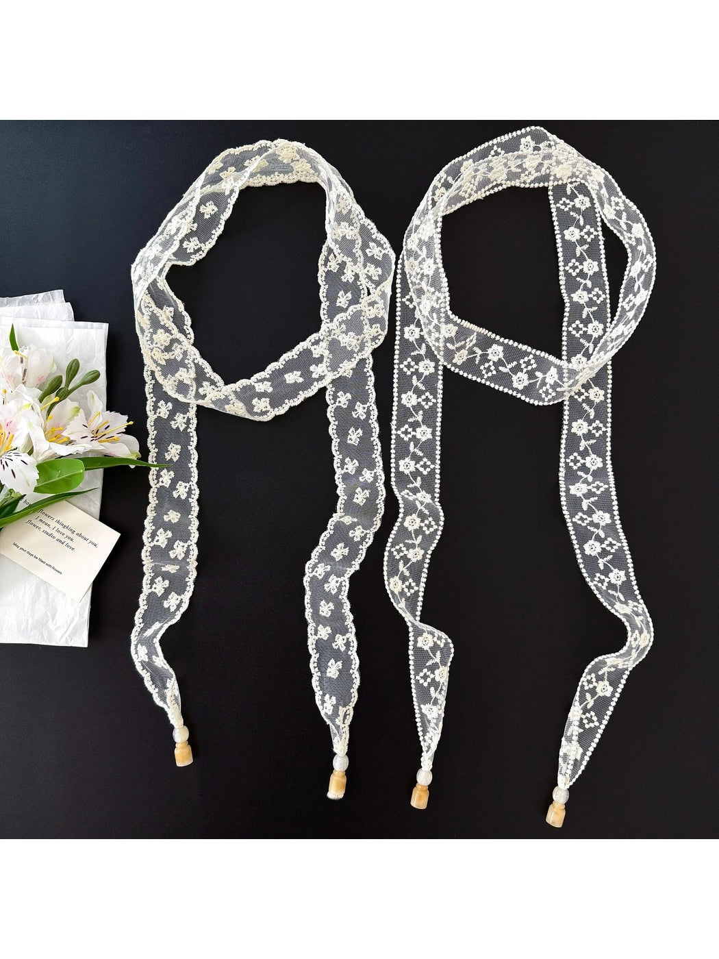 Scarvii - Romantic Floral Lace Long Narrow Scarf