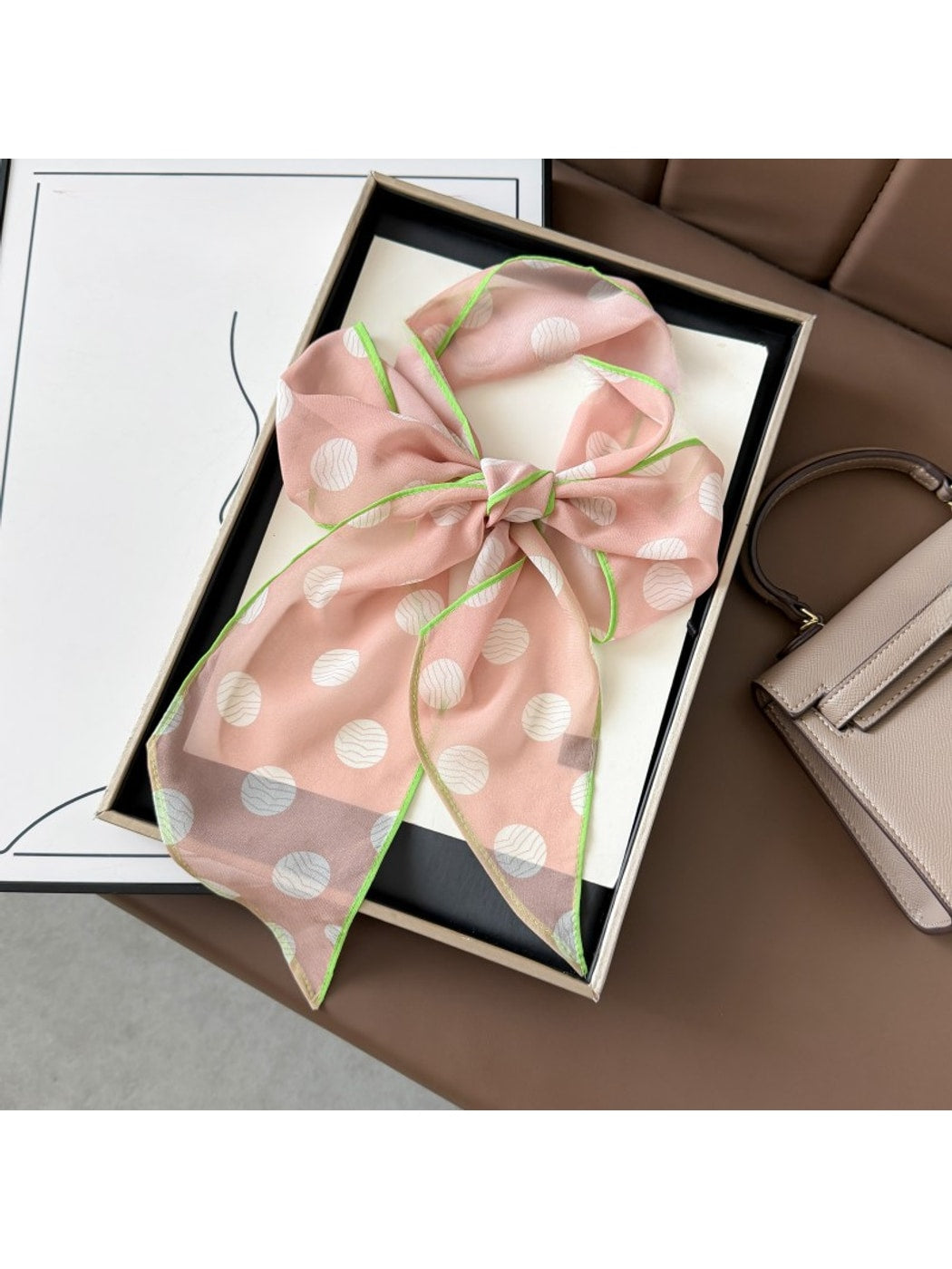 Scarvii - Pink Polka Dot Ribbon Style Long Scarf