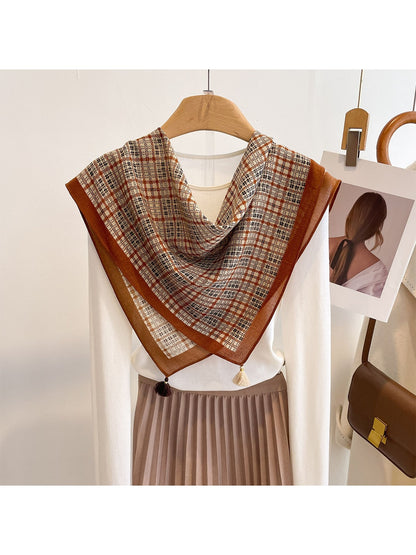 Scarvii - Vintage Check Print Border Tassel Square Scarf