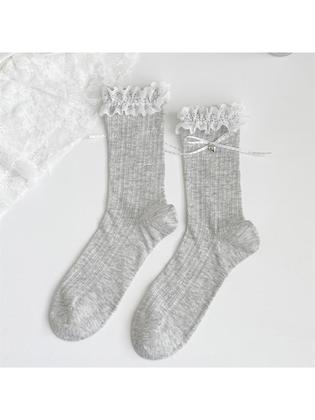 Rufia - Lace Ruffles Trim Bow Detail Crew Socks