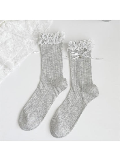 Rufia - Lace Ruffles Trim Bow Detail Crew Socks
