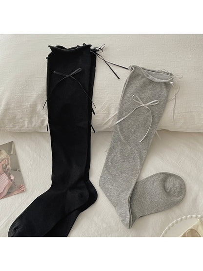 Rufia - Solid Style Bow Detail Mid Calf Socks