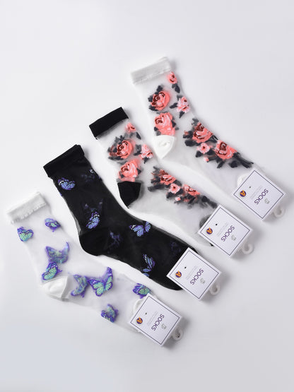 Rufia - Butterfly & Rose Sheer Crew Socks