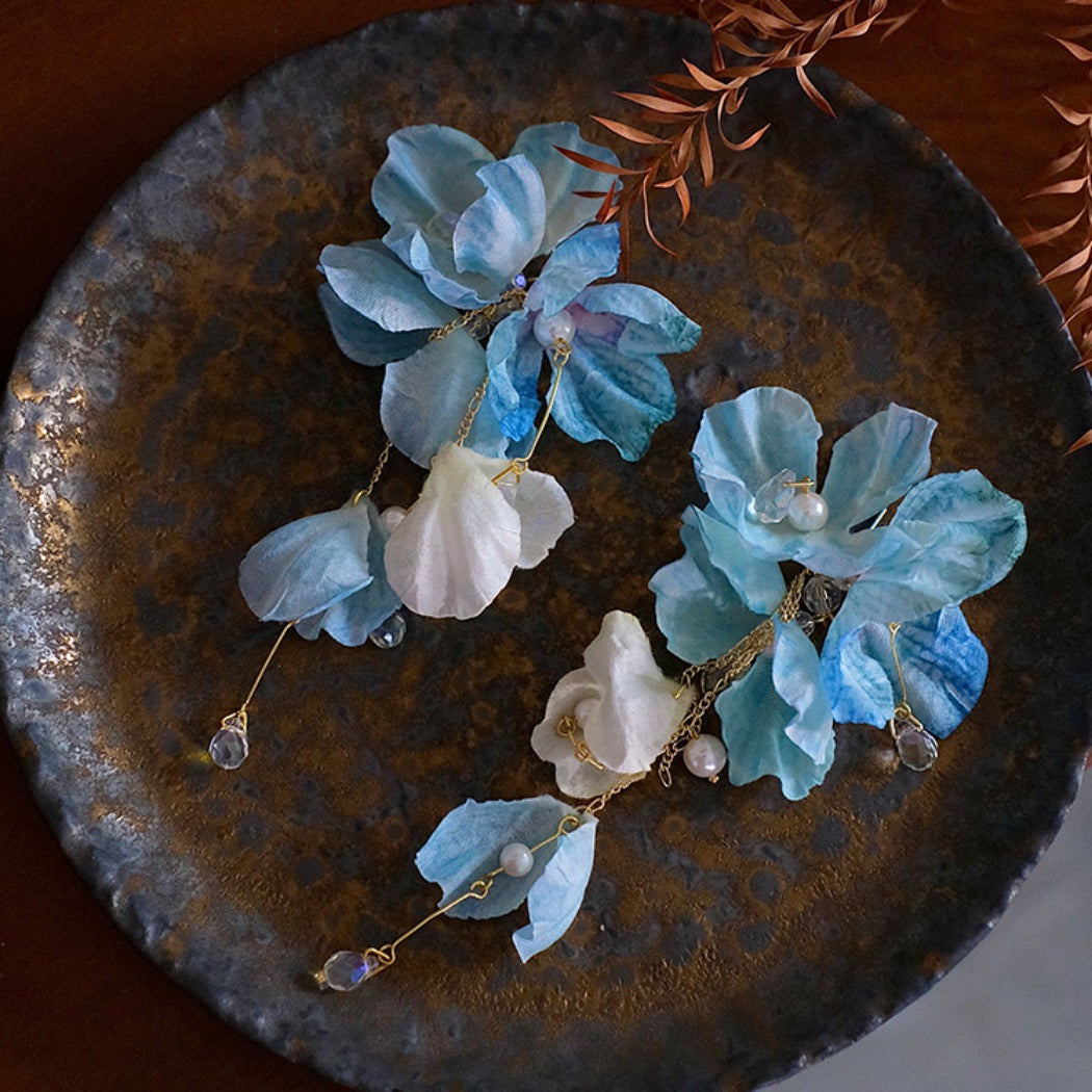 Earwish - Elegant Ocean Blue Floral Long Fringe Earrings