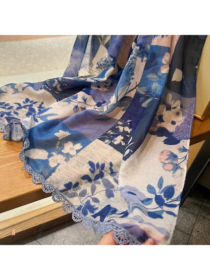 Scarvii - Blue Rose Lace Edge Summer Wrap Scarf