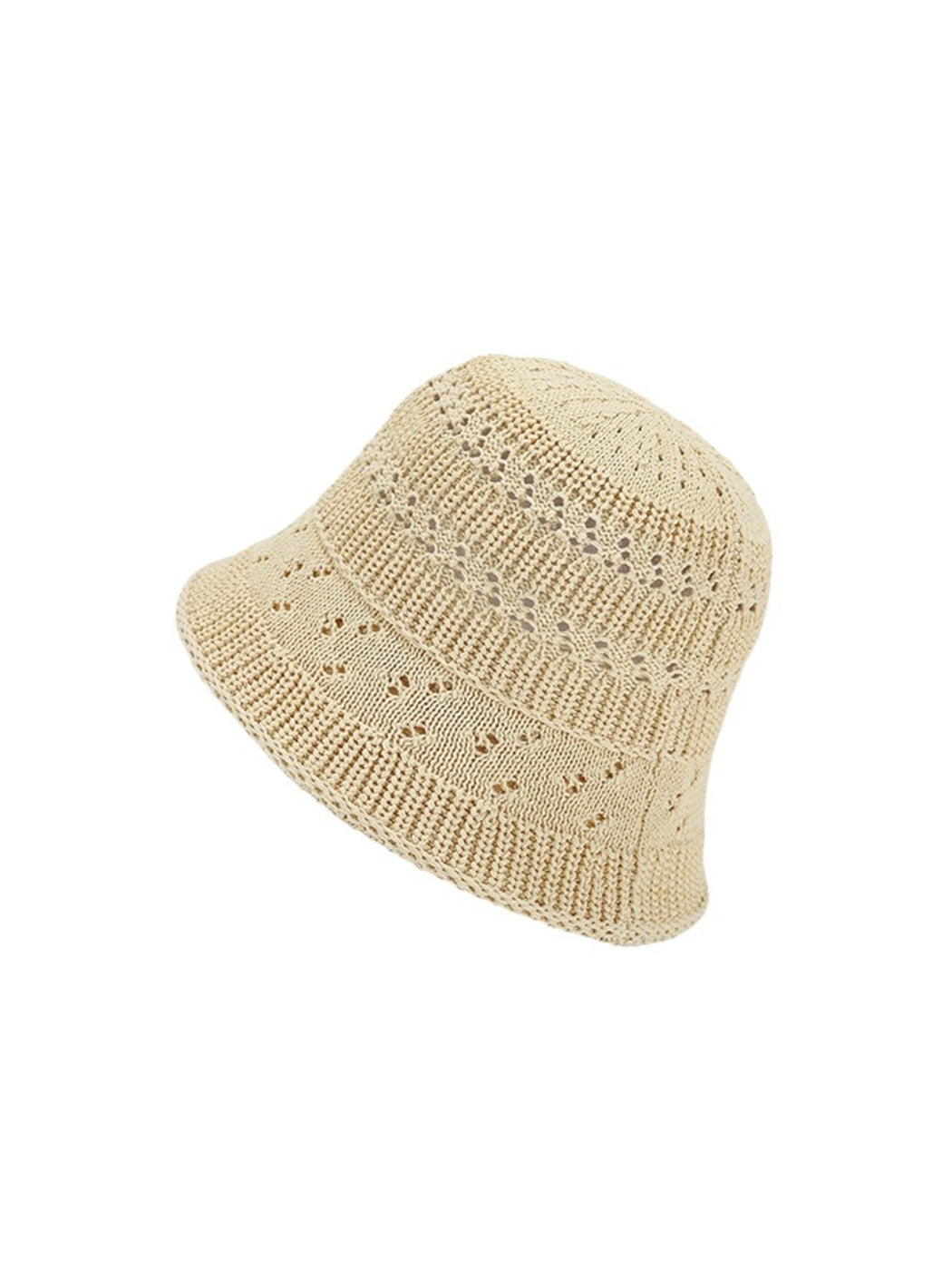 Side view of Haila soft open-knit lace bucket hat showing knit texture