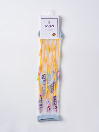 Rufia - Sheer Garden Flower Embroidered Crew Socks