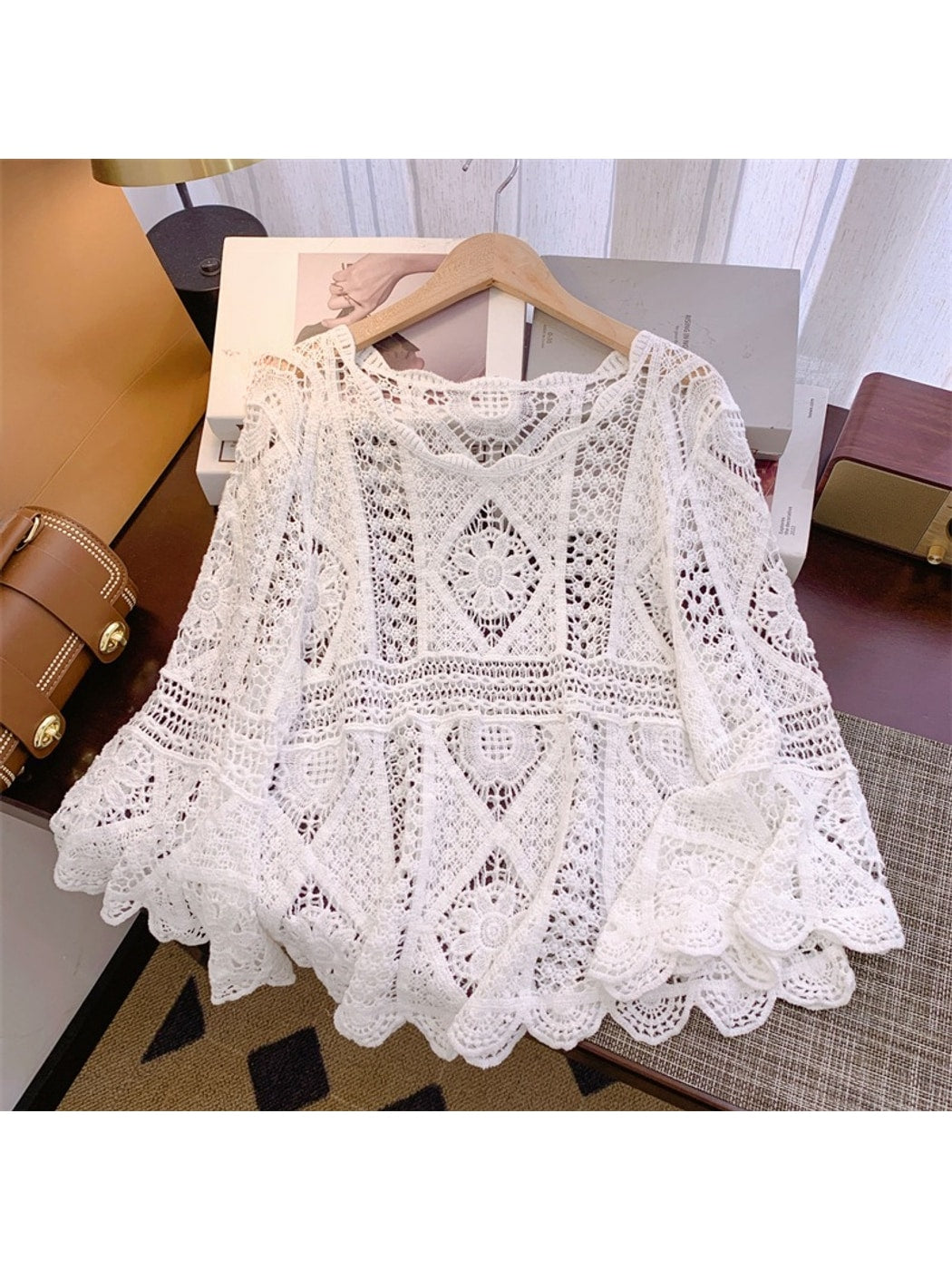 Crosa - Geometric Openwork Bell Pullover Top