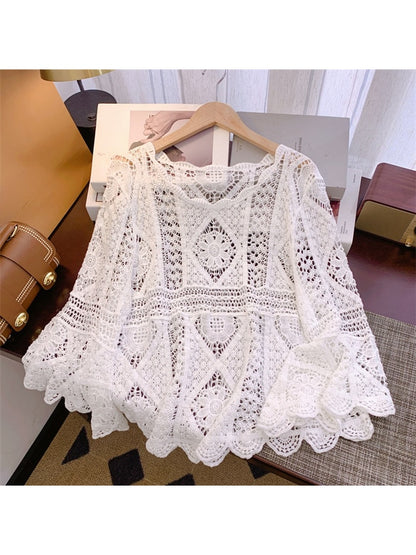 Crosa - Geometric Openwork Bell Pullover Top