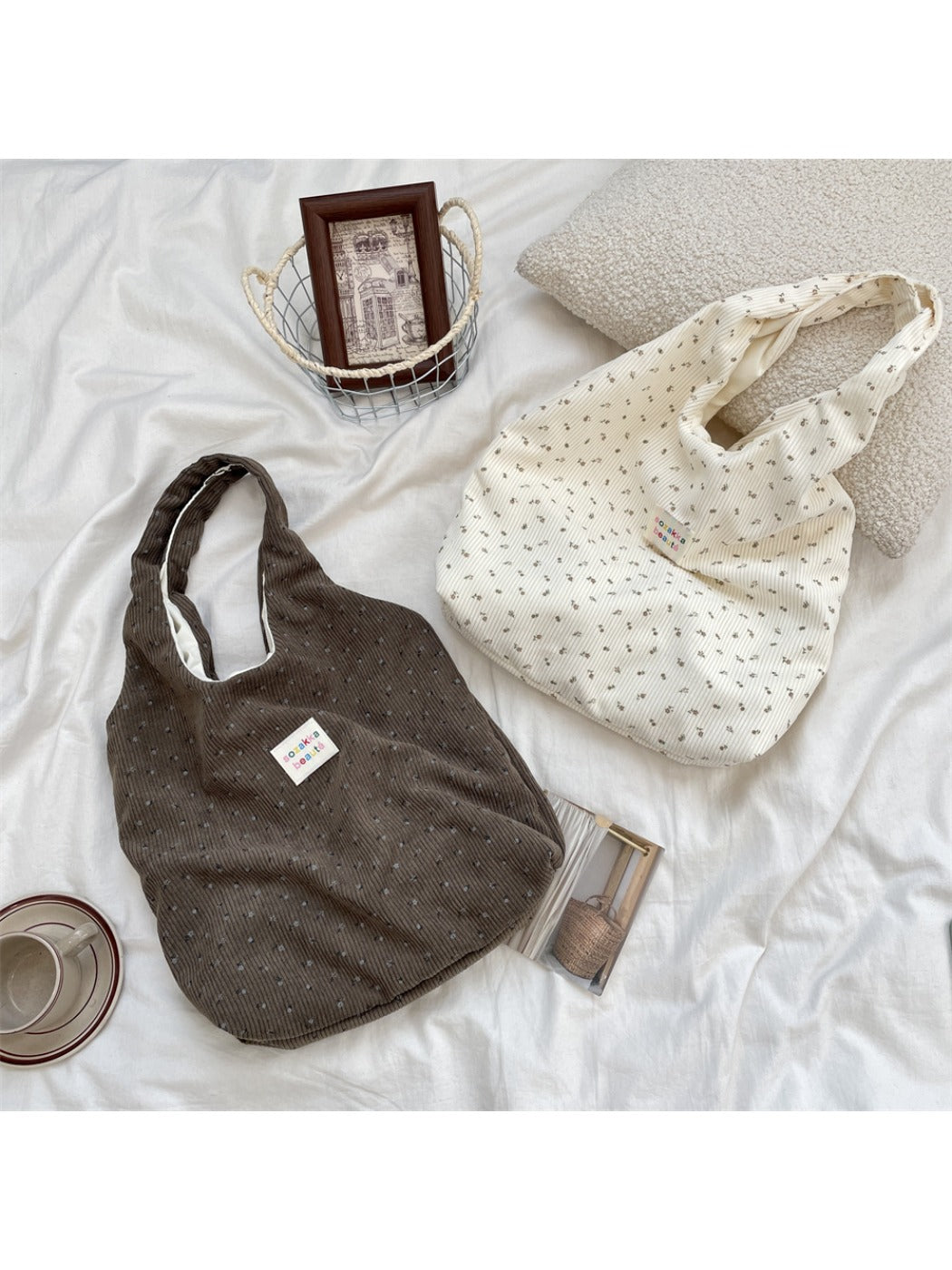 Cosbai – Corduroy Floral Shoulder Tote Bag