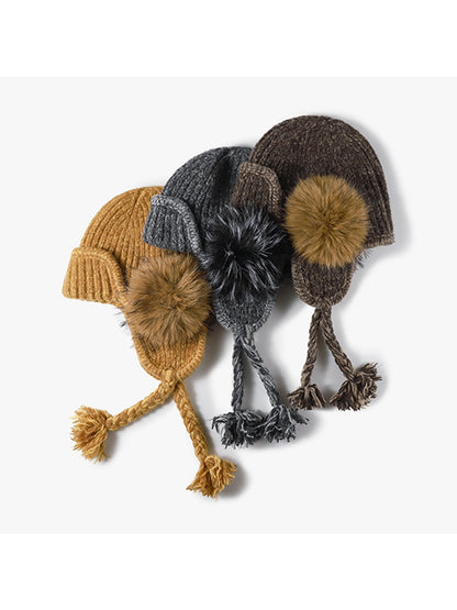 Haila - Braided Pom Earflap Knit Balaclava Hat