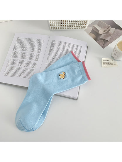 Rufia - Cartoon Embroidered Colorblock Casual Crew Socks
