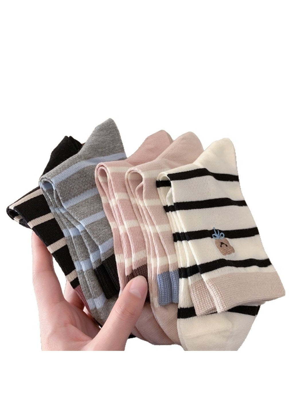 Rufia - Bear Embroidered Striped Crew Socks