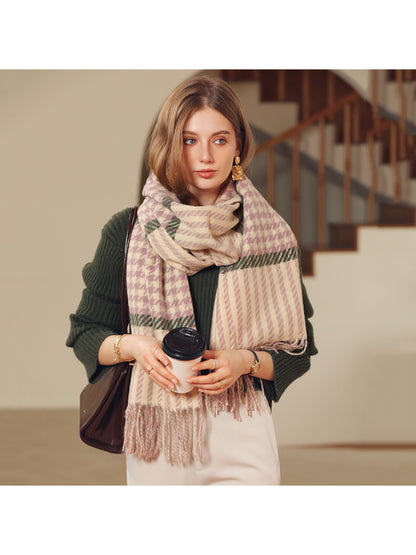 Scarvii - Mixed Houndstooth Plaid Fringe Scarf