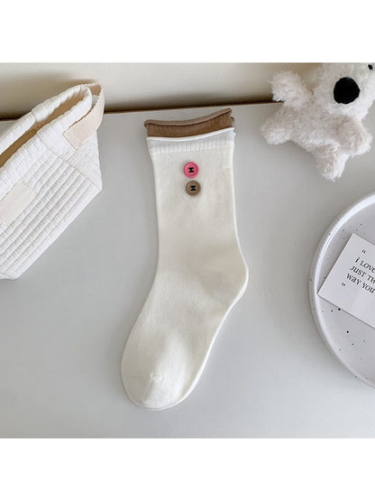Rufia - Contrast Cuff Button Detail Women's Crew Socks