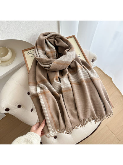 Scarvii - Soft Look Plaid Fringe Layering Scarf