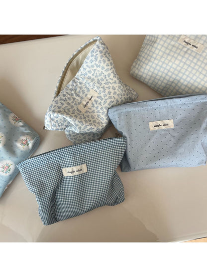 Cosbai - Blue Tones Plaid and Floral Makeup Bag