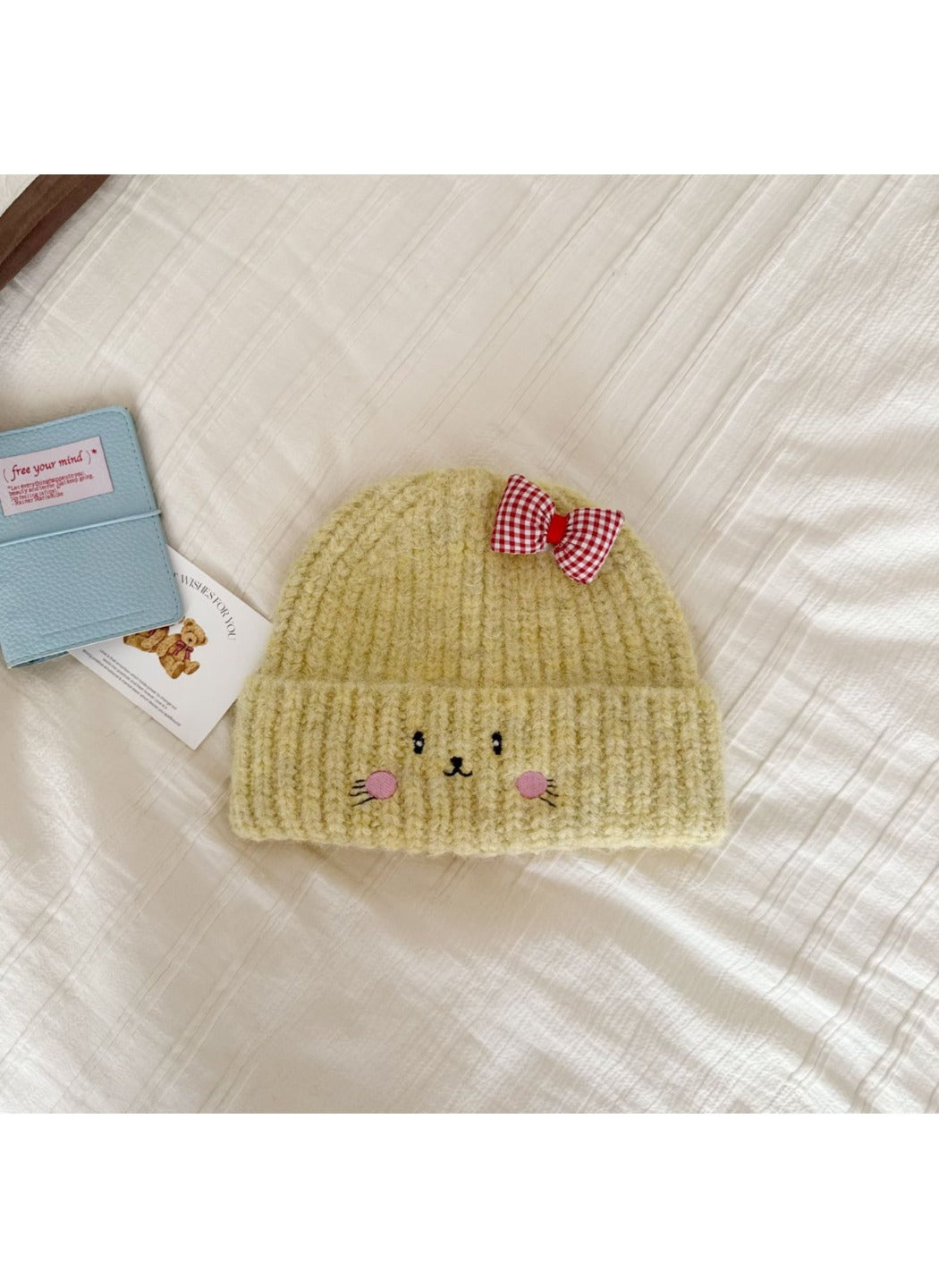 Haila - Cat Face Knit Beanie with Gingham Bow