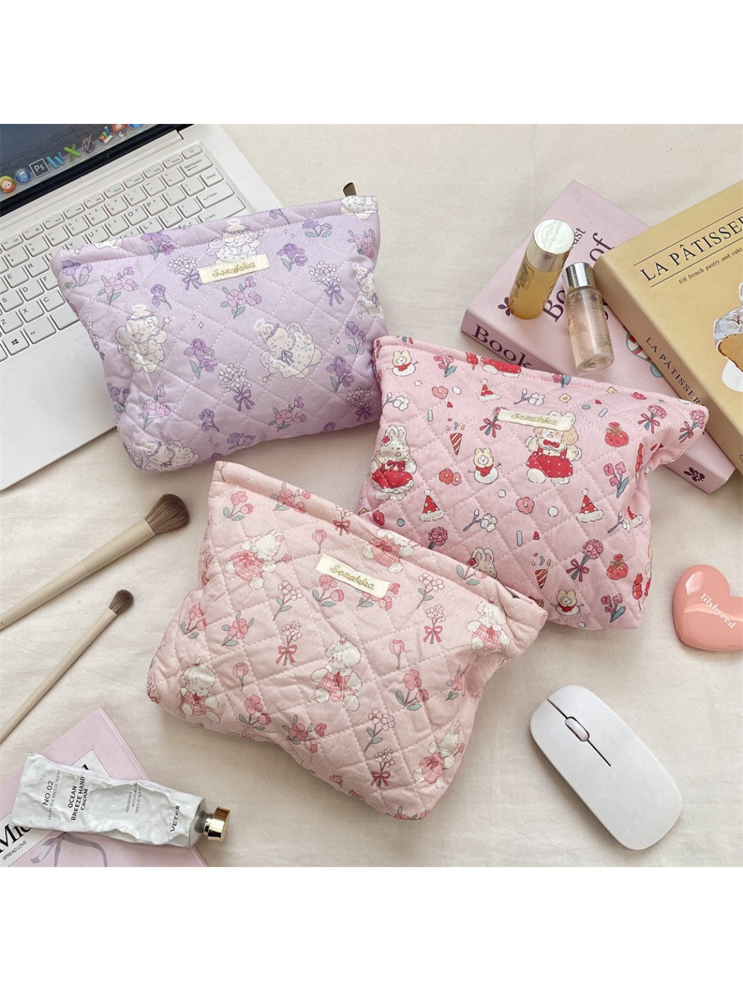 Cosbai - Quilted Bear Print Cosmetic Bag