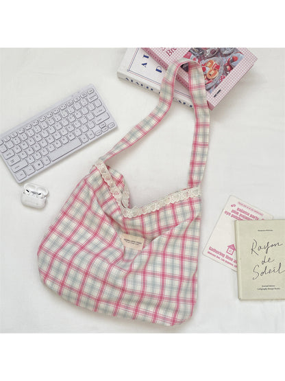 Cosbai - Plaid Lace Trim Hobo Shoulder Bag