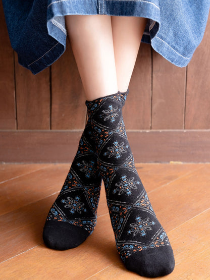 Rufia - Retro Mid-calf Socks with Diamond Floral Patterns
