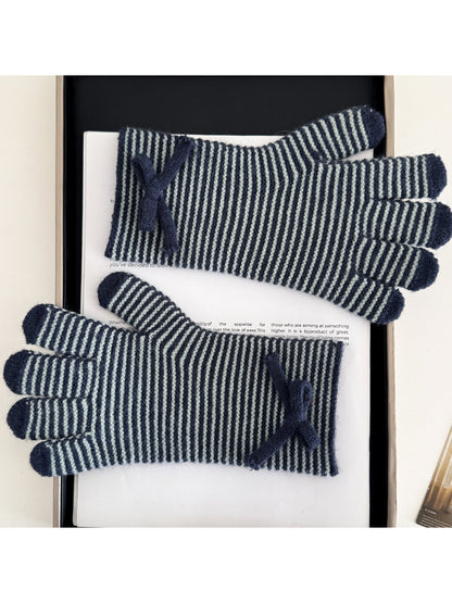 Gloving - Striped Bow Detail Ribbed Knit Gloves
