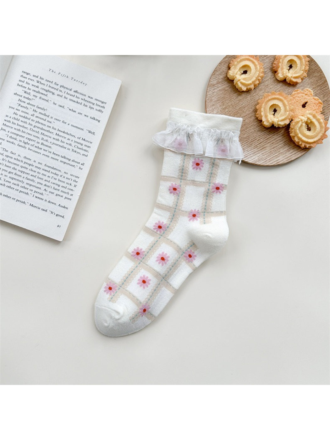 Rufia - Lace Trim Plaid Floral Crew Socks