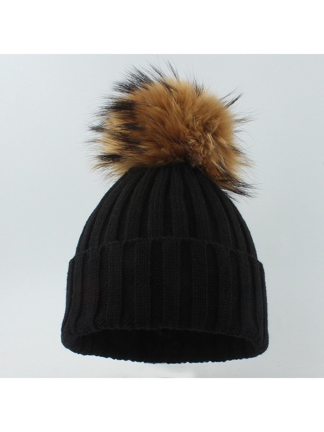 Haila - Solid Ribbed \ Cuffed Pom Pom Beanie