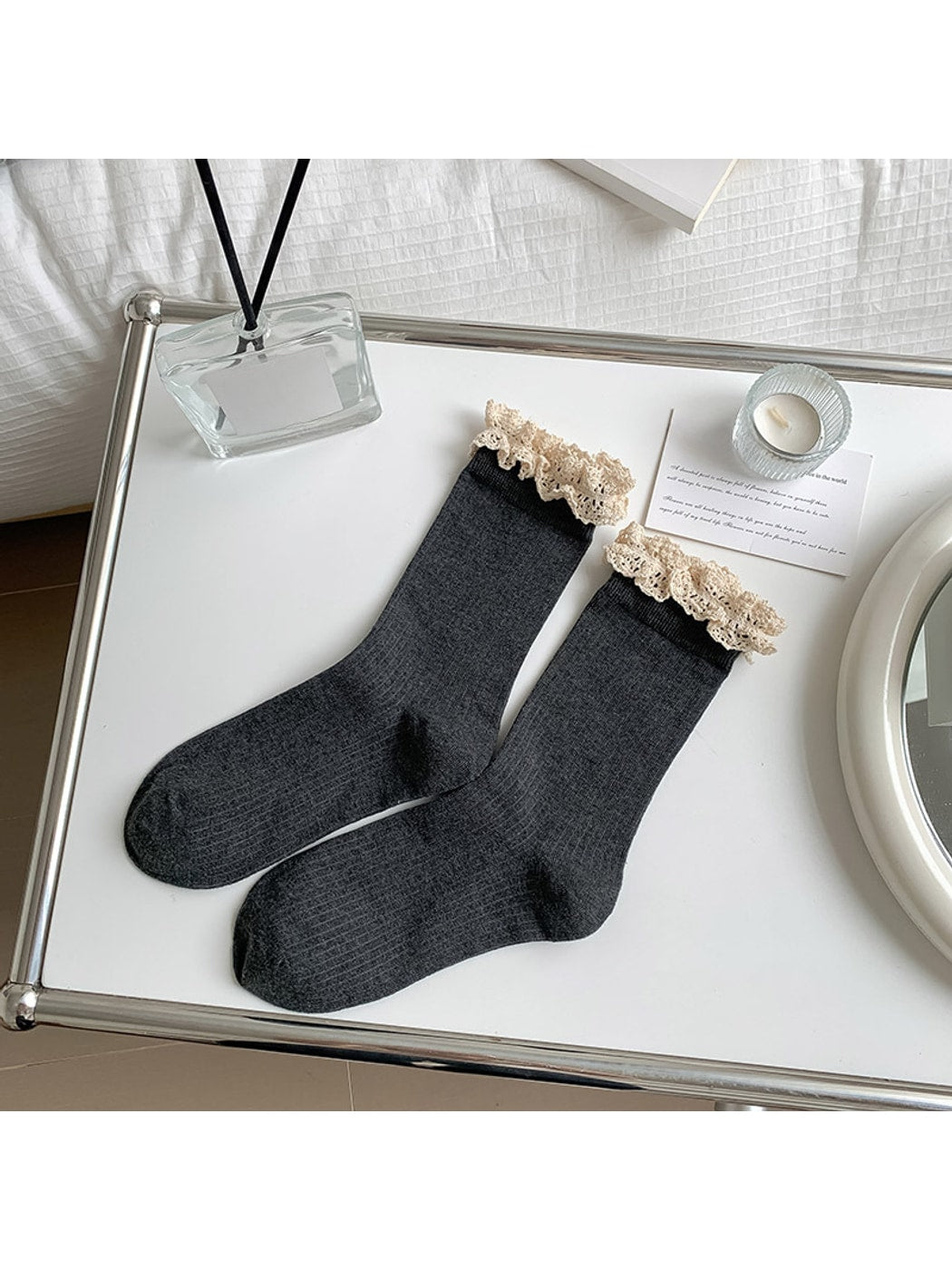 Rufia - Solid Color Ribbed Lace Trim Crew Socks