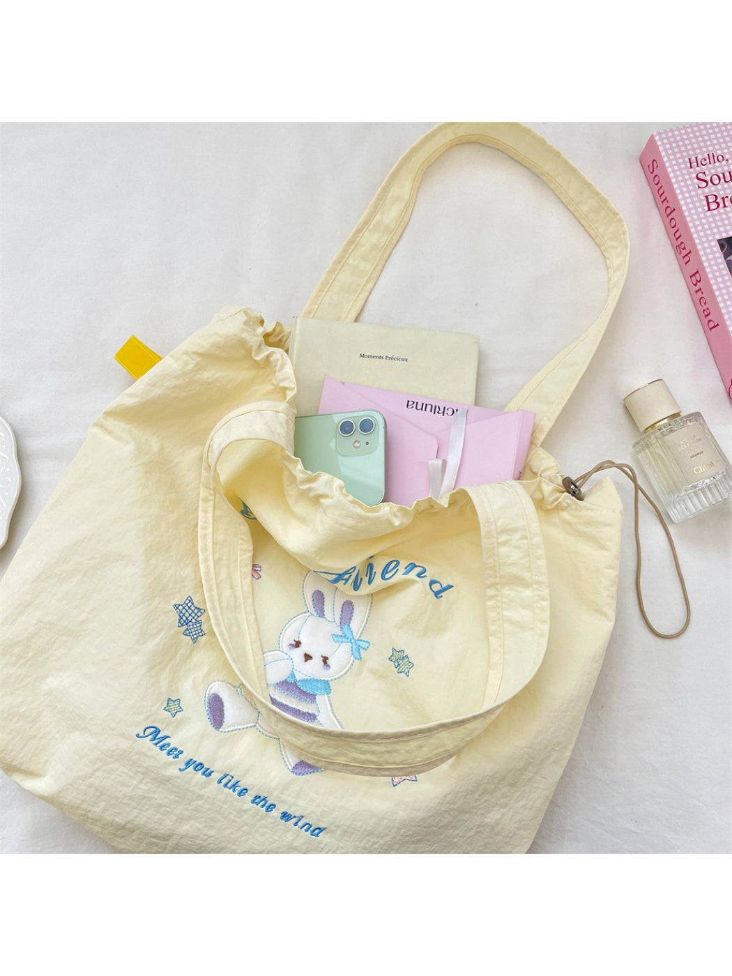 Cosbai Cute Bunny Bear Shopper Tote Bag folded flat for storage