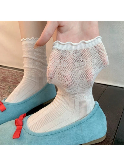 Rufia - Floral Sheer Ruffle-Cuff Crew Socks