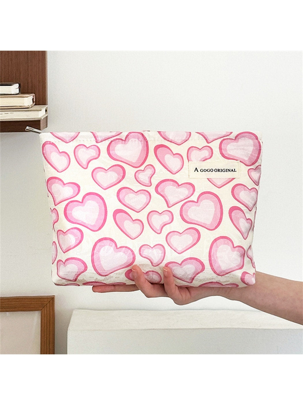 Cosbai - Pink White Heart Print Zipper Cosmetic Bag