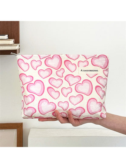 Cosbai - Pink White Heart Print Zipper Cosmetic Bag