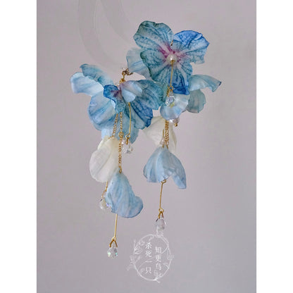 Earwish - Elegant Ocean Blue Floral Long Fringe Earrings