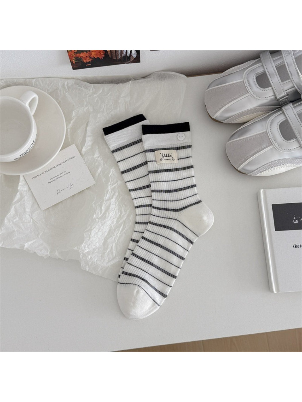 Rufia Button Cuff Ribbed Stripe Socks pattern detail