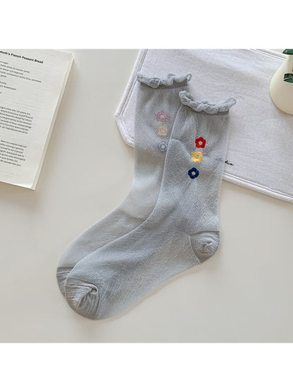Close-up of fabric texture and colorful flower embroidery on Rufia Sweet Flower Detail Crew Socks