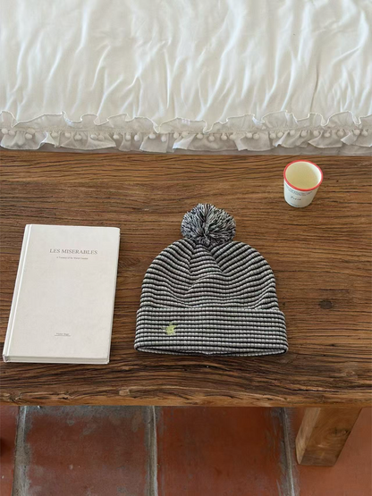 Haila - Striped Ribbed Pom Pom Beanie