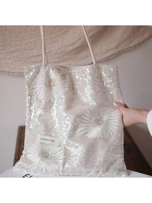 Cosbai - Elegant White Daisy Sequin Tote Bag