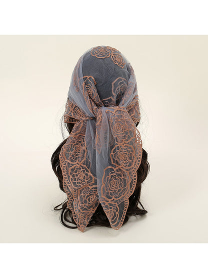 Scarvii - Rose Embroidered Lace Detail Square Scarf