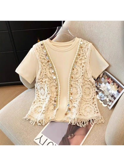Crosa - Open Front Sequin Hollow Out Knit Fringe Vest